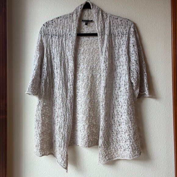 EUC Eileen Fisher 100% Wool Lace Cardigan Light Gray Open Front Crochet Size M - Picture 1 of 6